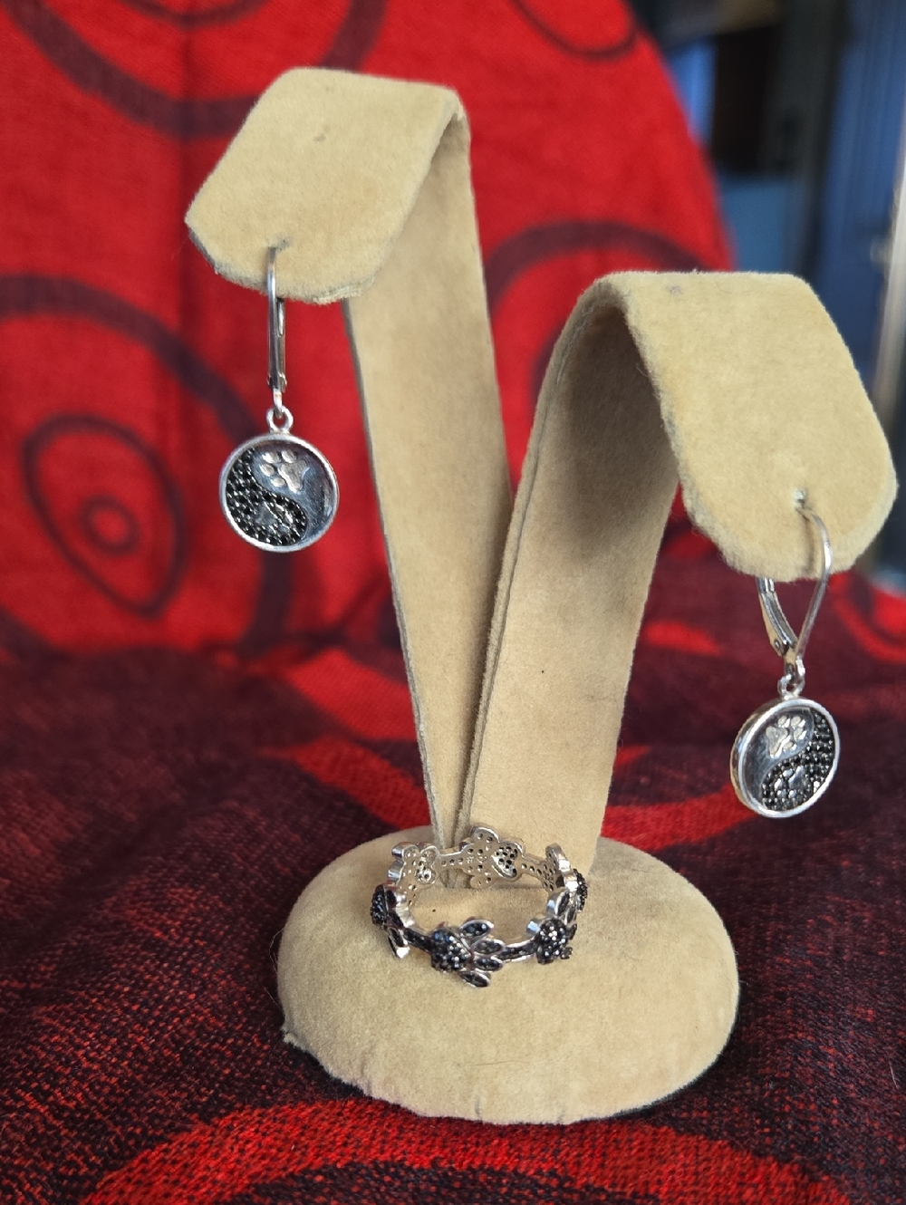 Paw Print, Yin Yang design; Sterling, petite dangle pierced Earrings & Ring